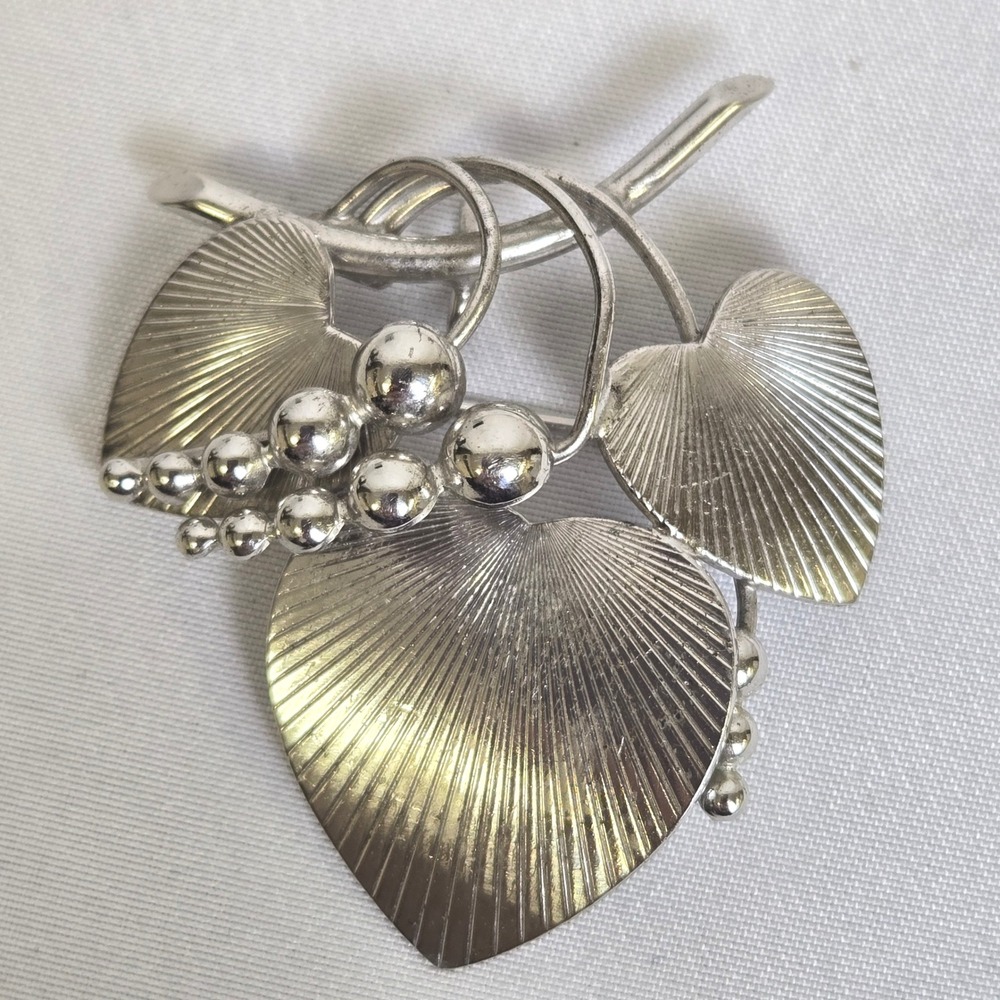 Carl Art Sterling Silver Art Deco Grape Leaf Pin Brooch, 12 g, 1.75" Vtg 40s